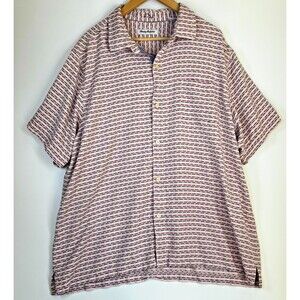 Tommy Bahama XXL Silk Shirt Pink Gray Striped Short Sleeve Button Front Resort